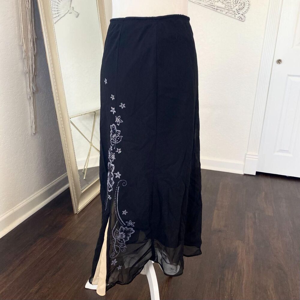Early 2000's Ethereal Asymmetric Black Cream Beaded Mesh Midi Maxi Skirt XL